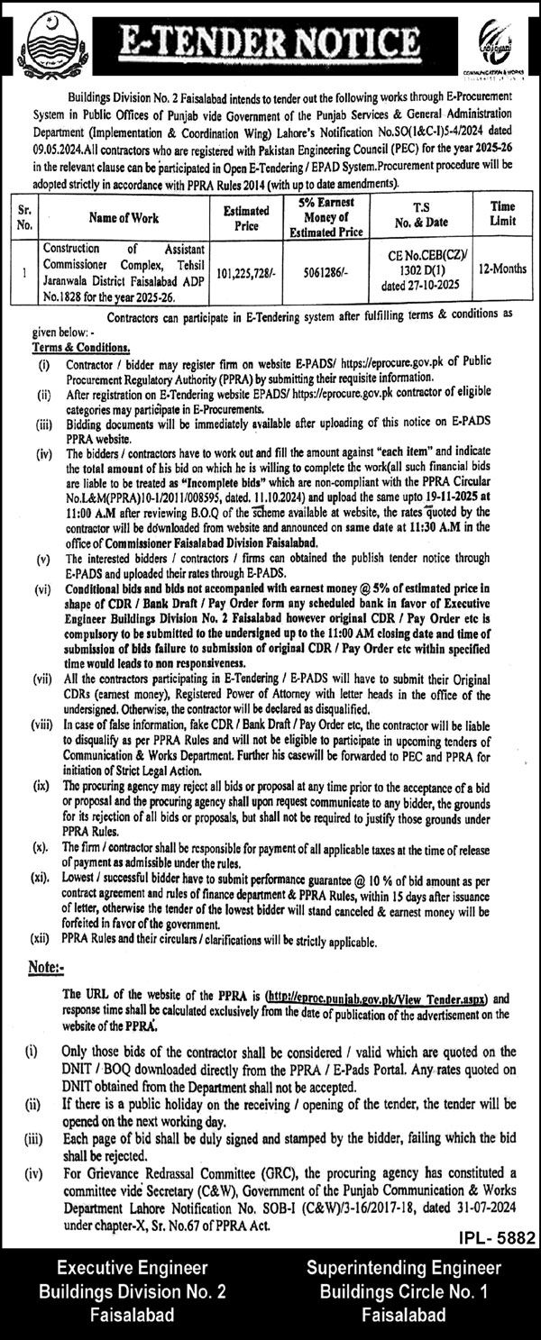Building Division Faisalabad Tender Notice